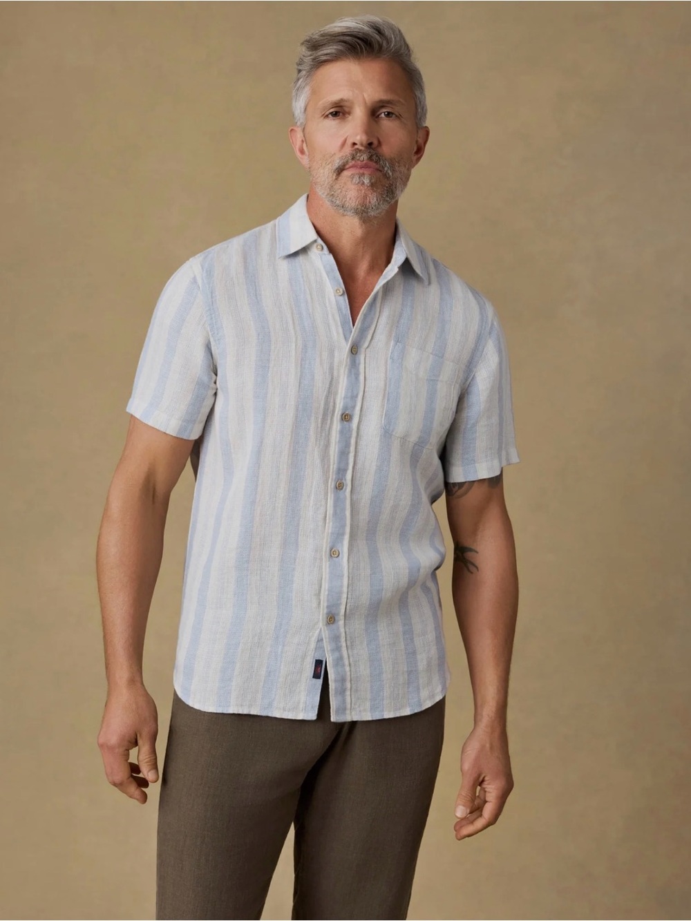 FAHERTY SHORT SLEEVE Palma Striped Linen Shirt - Light Island Blue & White NEW